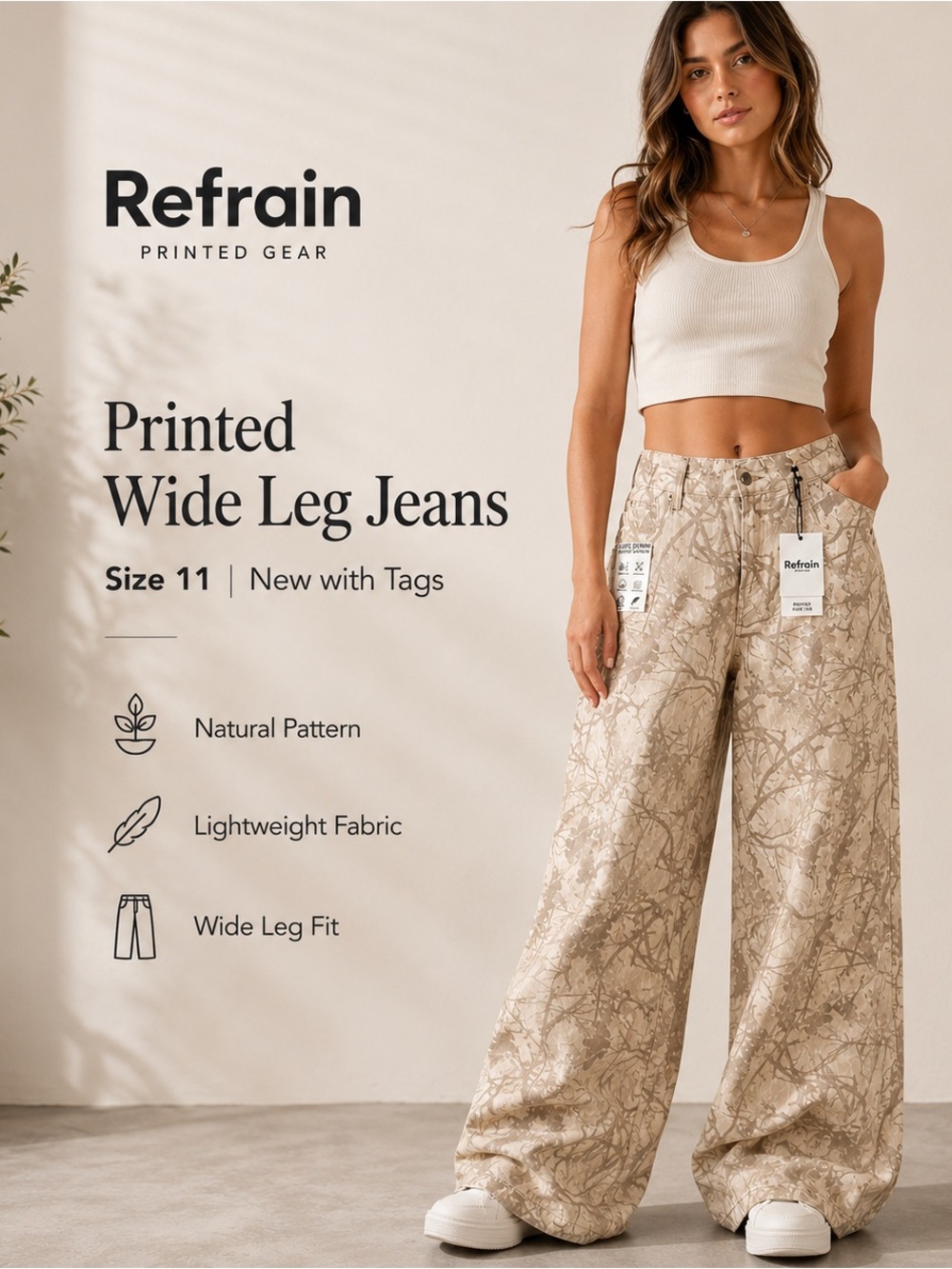 Refrain Beige Camo Wide Leg Jeans Y2K Streetwear NWT Sz 11
